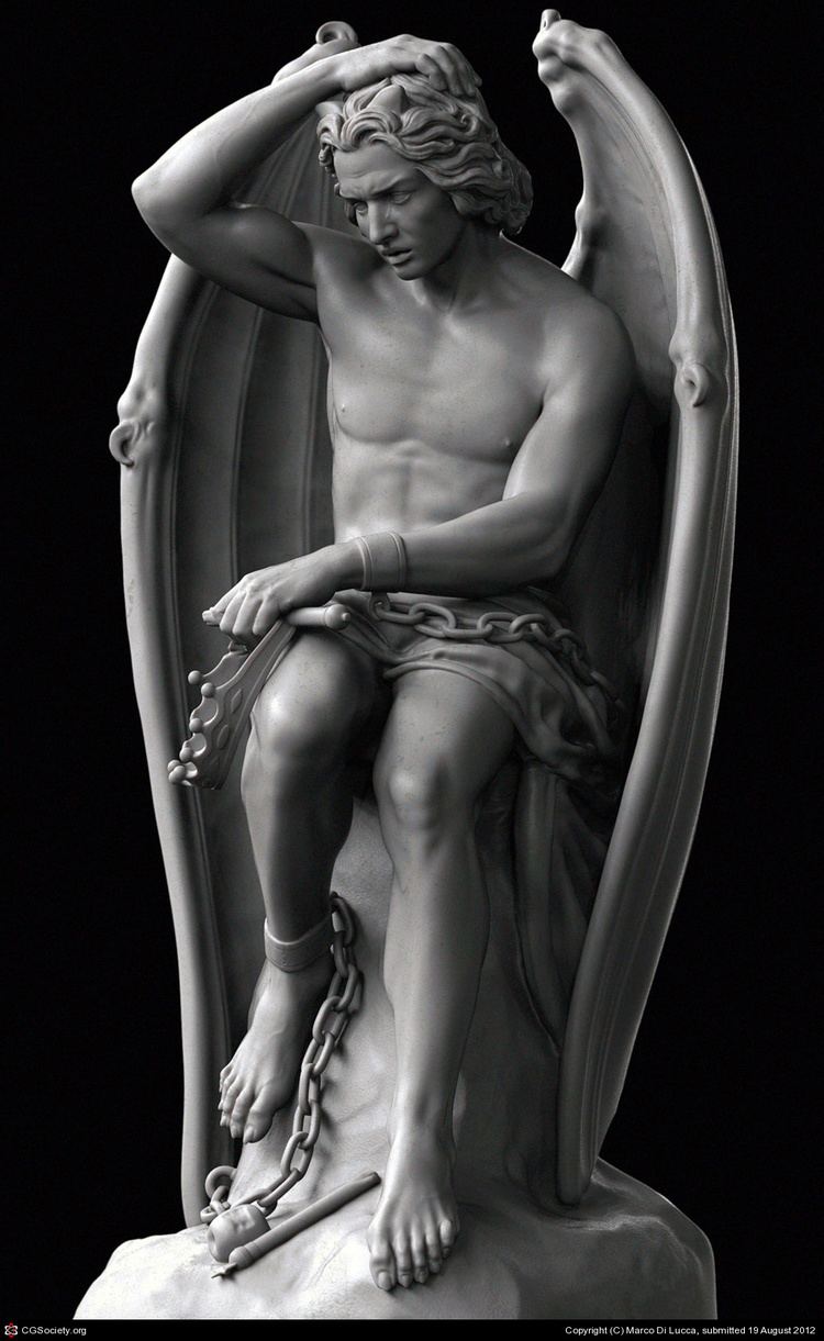 A sculpture of the Fallen Angel Lucifer (Le genie du mal) by the sculptor Guillaume Geefs (Cathedral of St. Paul, Liege, Belgium). Lucifer is clutching his head with a chain on his feet.
