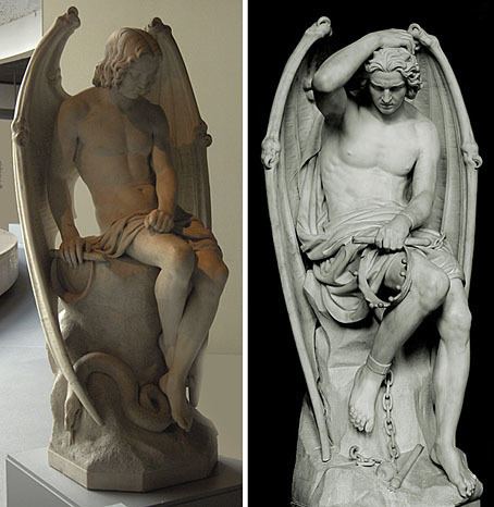On the left, is a sculpture of the Fallen Angel Lucifer by Joseph Geefs. Lucifer is sitting on a rock, covered with folded wings and his upper torso, arms, and legs are naked. On the right, is a sculpture of the Fallen Angel Lucifer (Le genie du mal) by the sculptor Guillaume Geefs (Cathedral of St. Paul, Liege, Belgium). Lucifer is clutching his head with a chain on his feet.