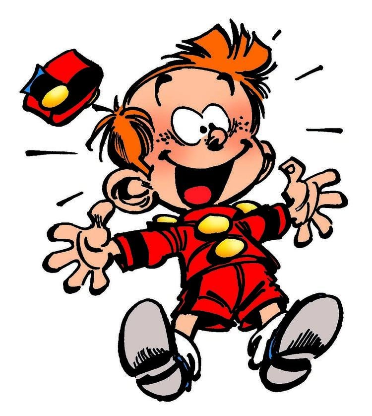 Spirou jumping in joy while wearing a red bellhop outfit from the comic strip Le Petit Spirou