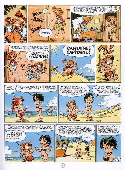 Spiroun at the beach with a girl from the comic strip Le Petit Spirou