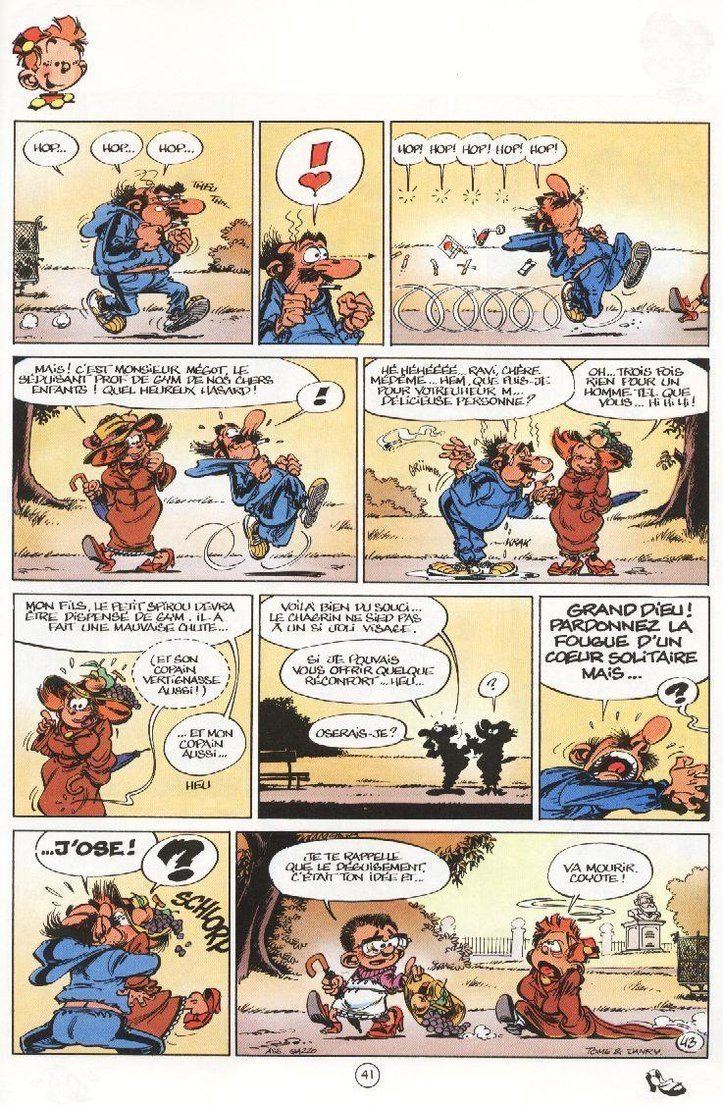 Mr. Megot approaching a woman he likes and grabbing a kiss from her from the comic strip  Le Petit Spirou Volume 2
