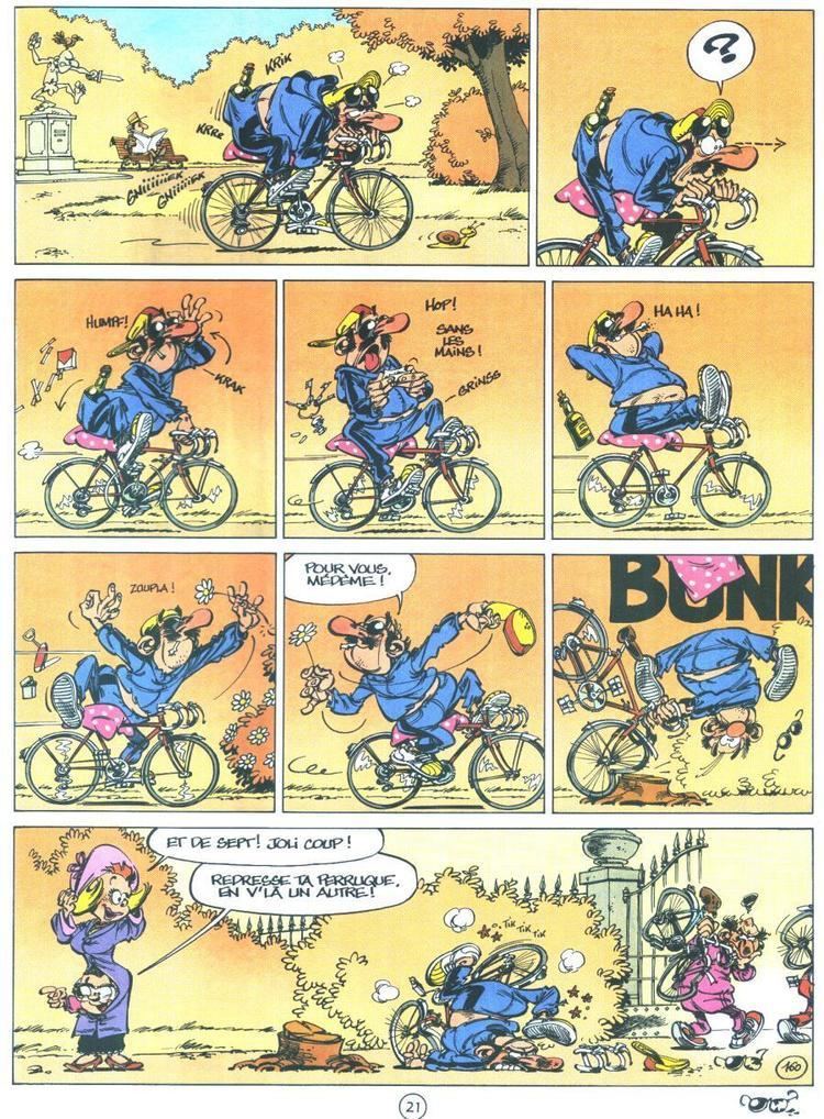 Mr. Megot riding a bike and getting into a crash from the comic strip Le Petit Spirou Volume 1