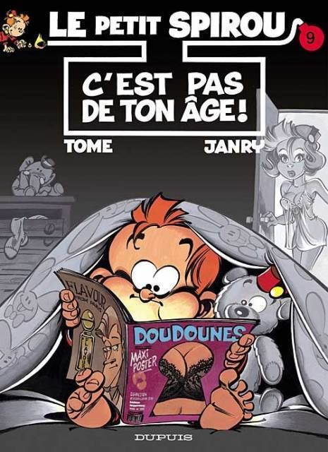 A cover of the comic strip Le Petit Spirou Volume 9 featuring Spirou while reading a magazine under the blanket