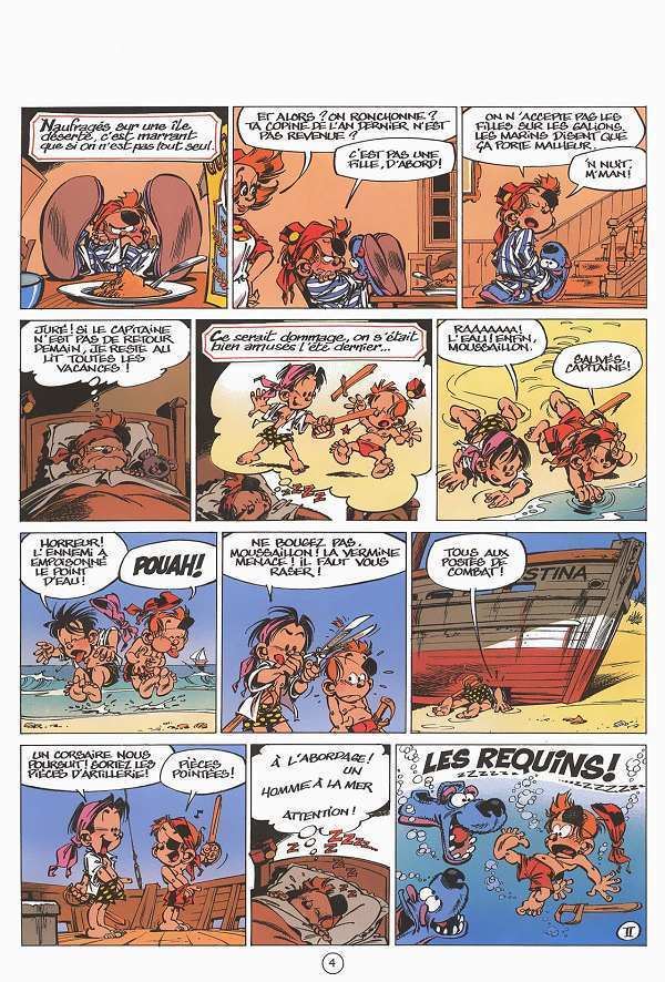 Spirou dreaming on an adventure together with his best friend Vert from a page of the comic strip Le Petit Spirou Volume 6
