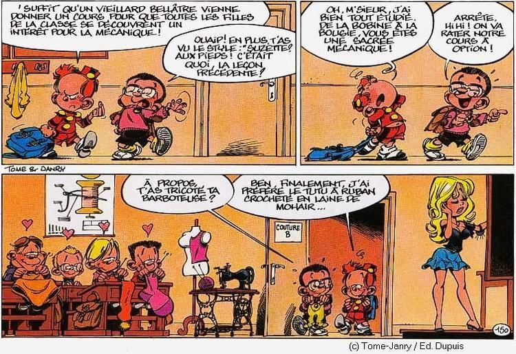 Spirou and his best friend Vert going into a sewing class from the comic strip Le Petit Spirou