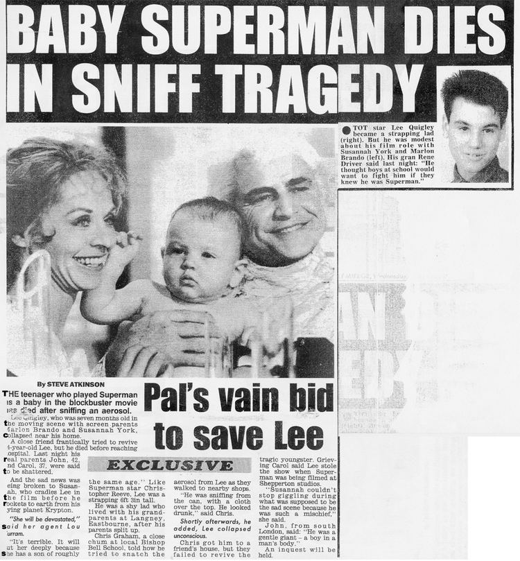 Susannah York smiling and Marlon Brando carrying Lee Quigley and an article about the death of Lee Quigley