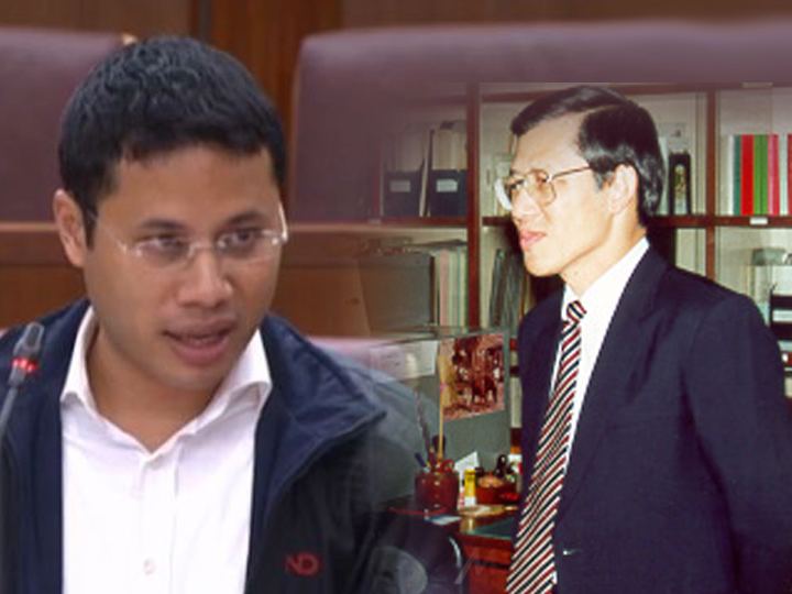 On the left, Desmond Lee wearing eyeglasses, a jacket, and a white polo shirt. On the right, Lee Yock Suan wearing eyeglasses, a suit, and a striped tie.