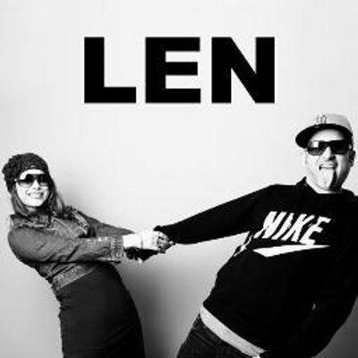 Len, a Canadian alternative rock duo consists of Marc Costanzo wearing a cap, sunglasses, and a black jacket and Sharon Costanzo wearing a bonnet, and sunglasses.
