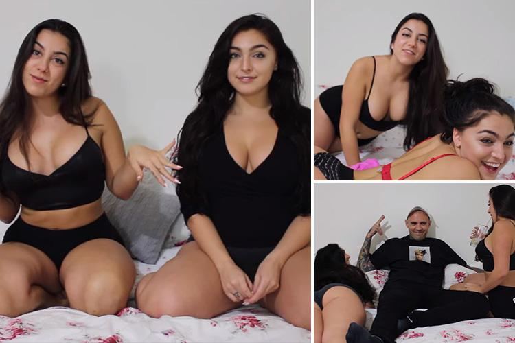 On the left, Lena The Plug and Emily Rinaudo are smiling while in a bed and both wearing black outfits. On the upper right, they are both smiling and lying on the bed, and wearing sexy outfits. On the lower right, they are with Adam wearing a white cap and all of them are wearing color black outfits.