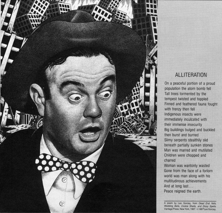 On the left, Leo Gorcey with a shocked face, wearing a black hat, a black coat over white long sleeves, and a polka dots bow tie. On the right, is a poem by Leo Gorcey entitled "Alliteration".