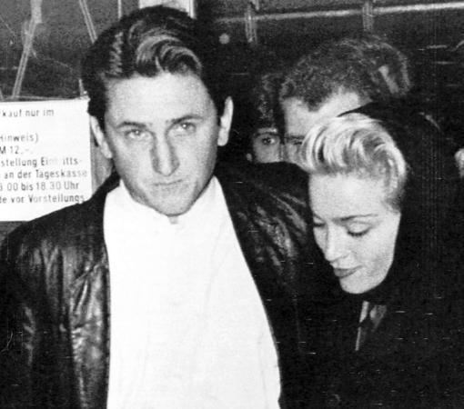 Sean Penn and Madonna at the West Berlin cinema in 1986 after attending his film "At Close Range" while Sean is wearing a jacket and shirt