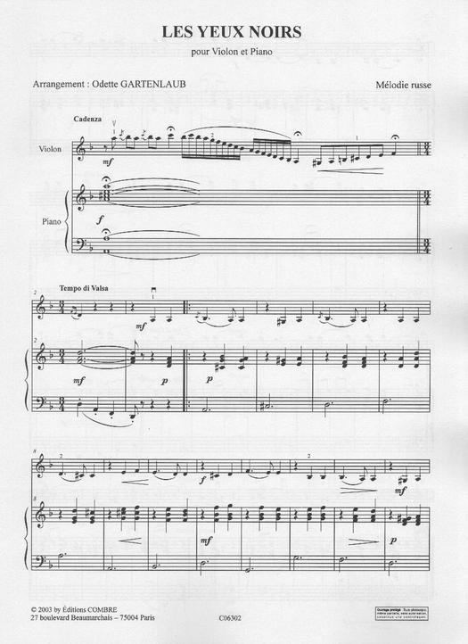 Les Yeux Noirs Sheet music for violin Anonyme Les Yeux noirs Violon et Piano