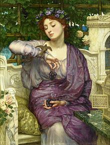 "Lesbia and Her Sparrow" Canvas Art, the literary pseudonym used by the Roman poet Gaius Valerius Catullus to refer to his lover. Lesbia is looking at her sparrow, wearing a floral headdress and a purple dress.