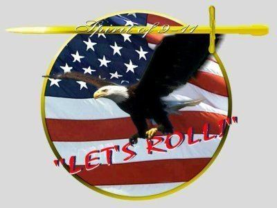 The flag of the United States of America, an eagle, and the phrase "Let's roll"