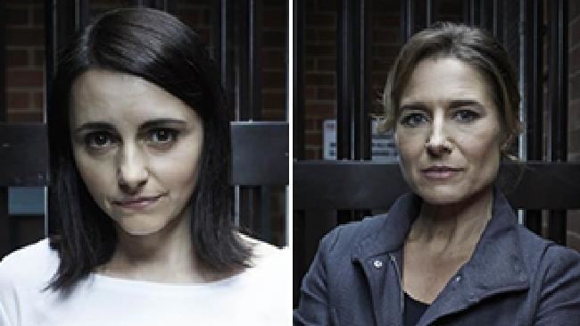 On the left, Pia Miranda with short hair and wearing a white shirt. On the right, Libby Tanner wearing a gray coat.