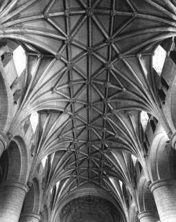 The Lierne vault structure of Abbey Church of St Mary, has a high ceiling with Lierne Vault pattern on it, has large round poles and natural light open windows.