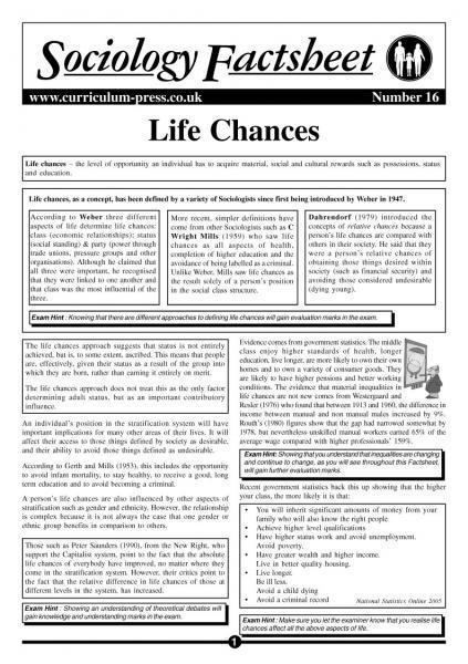Life chances Sociology Factsheet 16 Life Chances Curriculum Press