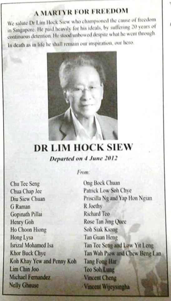 Lim Hock Siew Singapore Rebel Tributes to Dr Lim Hock Siew
