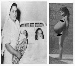 Lina Medina at age of five and her firstborn baby (picture on the left); Lina Medina while she is pregnant (picture on the right)
