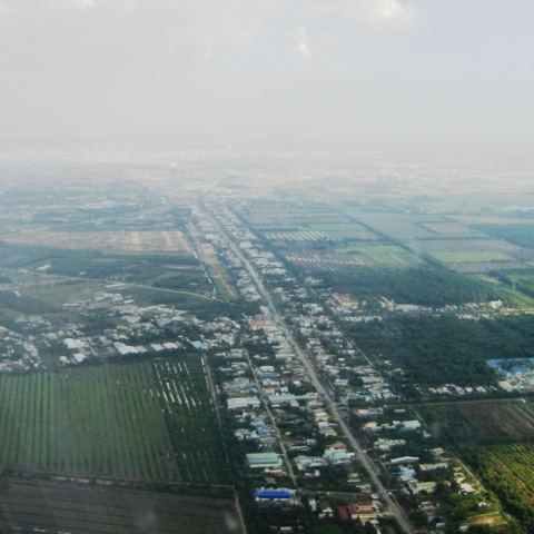 An aerial view of Linear settlement along the road