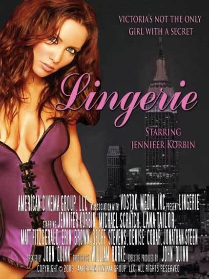 A promotional poster of the 2009 TV series Lingerie featuring Jennifer Korbin wearing a purple lingerie suit.