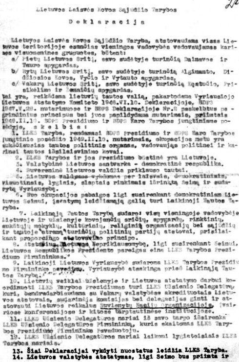 Lithuanian Partisans Declaration of February 16, 1949