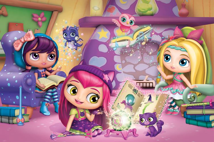 The Little Charmers characters Lavender, Hazel Charming and Posie inside their house reading books with their pets.