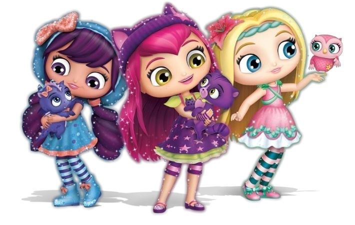 The Little Charmers characters Lavender, Hazel Charming and Posie holding their animal pets.