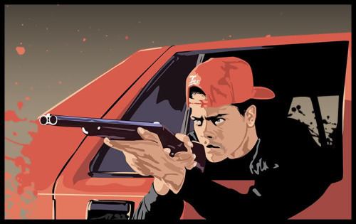 Canvas artwork from the scene of the Boyz n the Hood movie, featuring Lloyd Avery II wearing a red cap and holding a gun inside a red car.