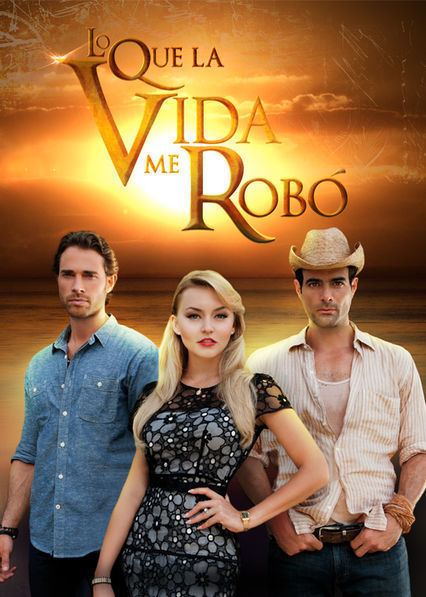 Poster of the 2013 Mexican telenovela "Lo que la Vida me robó". Sebastián Rulli, Angelique Boyer, and Luis Roberto Guzman with a fierce look. Sebastian with a beard & mustache is wearing a wristwatch and a blue long sleeve, Angelique is wearing a necklace, wristwatch, earrings, and a black and white dress while Luis is wearing a bracelet, a brown hat, denim pants, a brown belt, and a light pink shirt under a light orange striped long sleeve