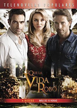 Poster of the 2013 Mexican telenovela "Lo que la Vida me robó". Luis Roberto Guzman, Angelique Boyer, and Sebastián Rulli with serious faces. Luis is wearing a necklace and a white shirt under a white long sleeve, Angelique is wearing earrings, a necklace, and a red and cream lace dress while Sebastián with a beard & mustache is wearing a blue long sleeve