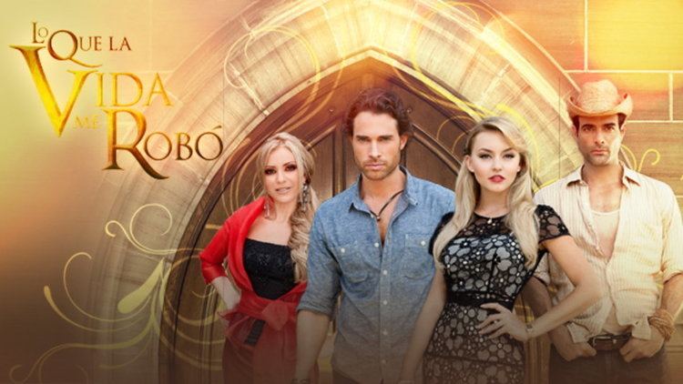Daniela Castro, Sebastian Rulli, Angelique Boyer, and Luis Roberto Guzman starring in the 2013 Mexican telenovela, Lo que la vida me robó, standing in front of the door with a fierce look. Daniela is wearing a red skirt and black blouse under a red coat with a red belt. Sebastian with a beard & mustache is wearing a necklace and a blue long sleeve. Angelique is wearing a necklace, wristwatch, earrings, and a black and white dress. Luis is wearing a bracelet, brown hat, denim pants, brown belt, and light pink shirt under a light orange striped long sleeve