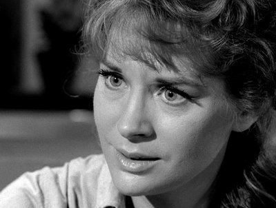 Lois Nettleton with a serious face in a scene from the 1963 tv series, The Fugitive, on the episode of "Man on a String"