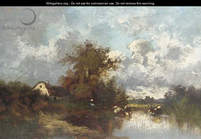 Léon-Victor Dupré Cattle watering at a lakeside cottage Leon Victor Dupre