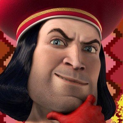 Lord Farquaad holding his chin while thinking and wearing a red hat and red gloves