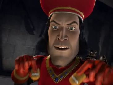 Lord Farquaad looking at something while wearing a red hat, red and yellow dress, and red gloves