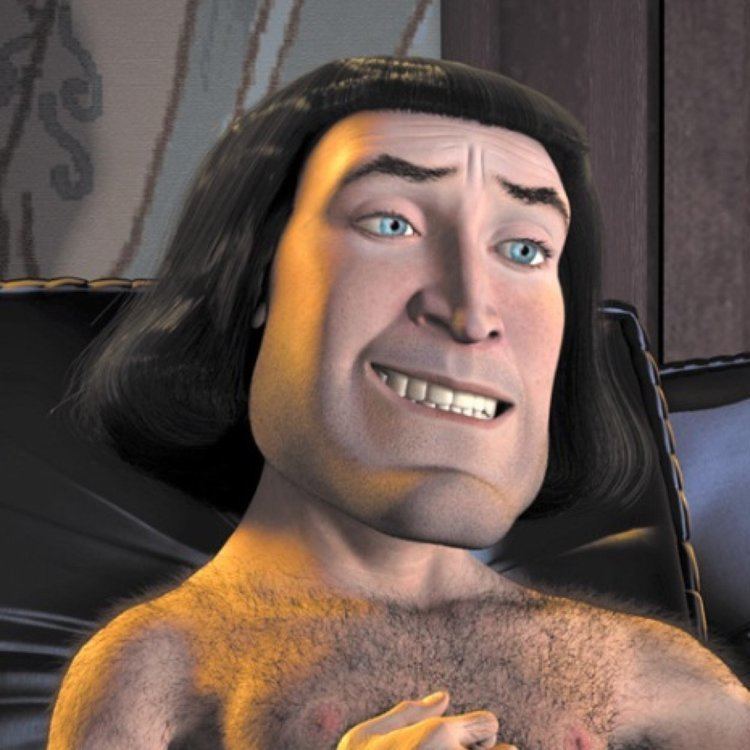 Lord Farquaad smiling with hairy chest.