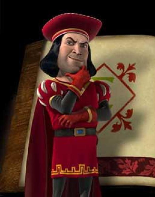 Lord Farquaad holding his chin while thinking and wearing a red hat, maroon cape, red, white, and yellow dress, black belt, and black pants