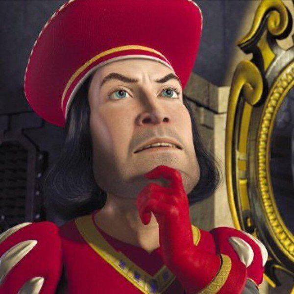 Lord Farquaad holding his chin while thinking and wearing a red hat, red, white, and yellow dress, and red gloves