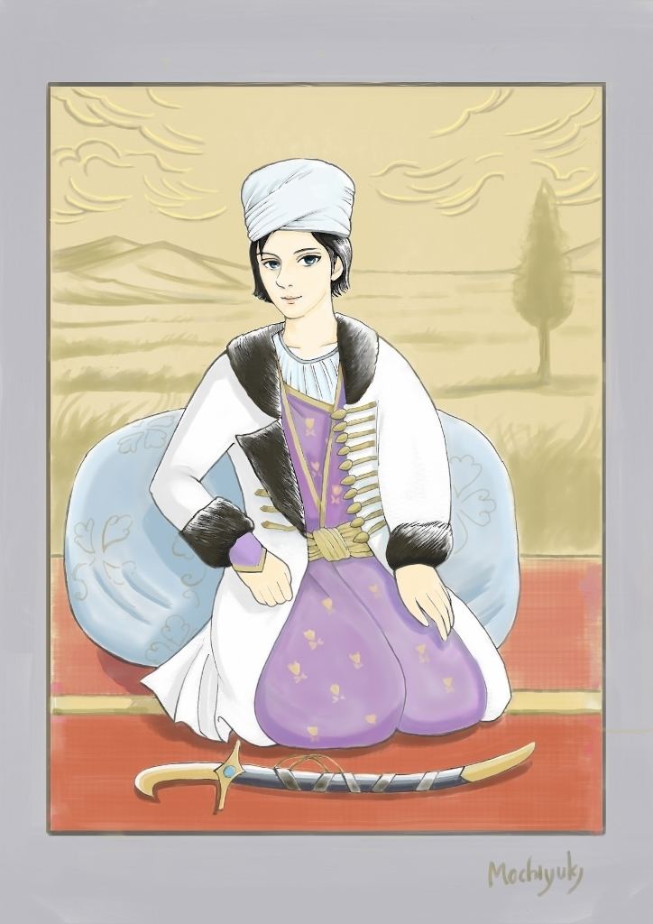 Lotf Ali Khan's portrait by Mochiyuki in which he is smiling and sitting on the carpet with a blue pillow at his back and a sword in front of him while he is wearing a white turban and light-blue shirt under a purple and yellow long sleeve with pants and a black and white coat with fur