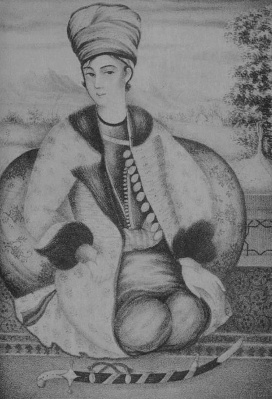 Lotf Ali Khan's portrait from Shiraz palace, 1915 in which he is smiling and sitting on the carpet with a pillow at his back and sword in front of him while he is wearing turban, trouser, and shirt under a coat with fur