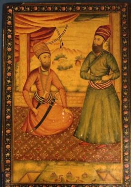 Portrait of Lotf Ali Khan with minister Mirza Hussein. Lotf Ali Khan is sitting on the carpet beside the window, with a mustache and beard, while wearing an orange long sleeve dress, orange turban, and a black and white belt with a sword and a dagger. Mirza Hussein with a mustache and beard, wearing a green long sleeve dress, brown turban, and a red and white belt with a sword.