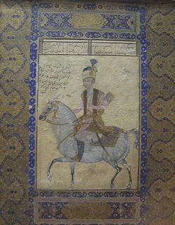 Miniature portrait of Lotf Ali Khan, 18th Century AD, in which he is riding on a white horse with a sword on his waist while wearing a hat with feather and pink long sleeve under a brown sleeveless coat