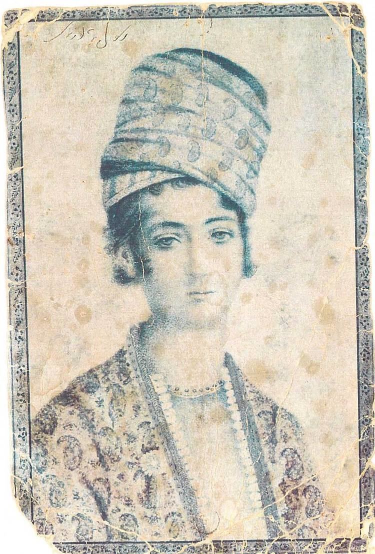Lotf Ali Khan's old portrait in which he is looking sad while wearing a light-blue turban, light blue shirt under a patterned coat