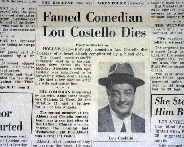 Lou Costello 1959 Death Of Comedian Actor Lou Costello RareNewspaperscom