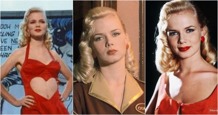 On the left, Louise Germaine smiling while her hands are on her waist and wearing a sexy red dress. In the middle, Louise with a serious face, wavy blonde hair, and wearing a brown blouse. On the right, Louise smiling, with wavy blonde hair and wearing a red sleeveless top.