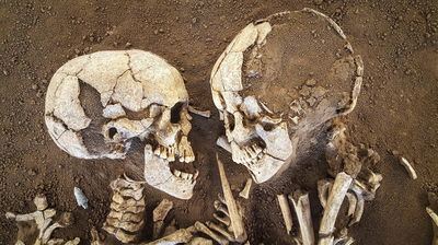 The so-called Lovers of Valdaro, pair of human skeletons at a Neolithic tomb in San Giorgio near Mantua, Italy in 2007.