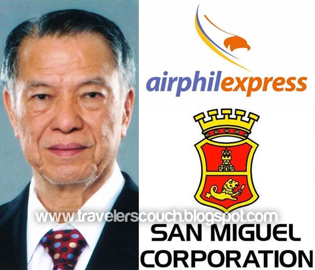 On the left Lucio Tan with his tight lipped smile and on the right are the logo of Airphilexpress and San Miguel Corporation