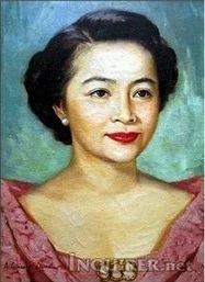 A portrait of Lucrecia Roces Kasilag with a serious face, short black hair, wearing pearl earrings, and a pink Filipiniana dress.