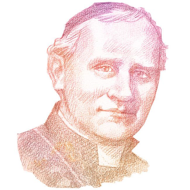 A drawing of Luigi Caburlotto with him wearing black cassock and a priest cap.